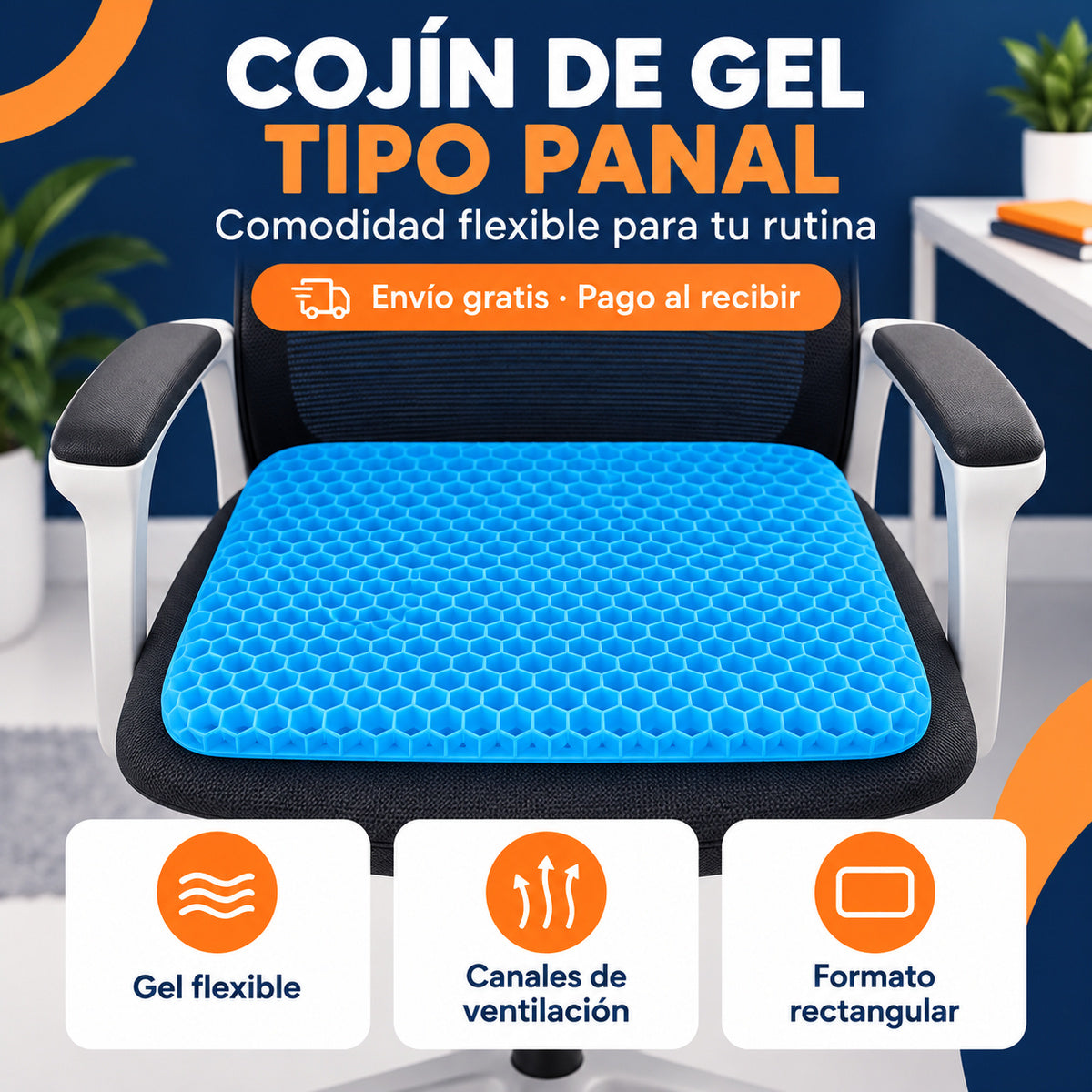Cojín rectangular azul de gel tipo panal para asiento