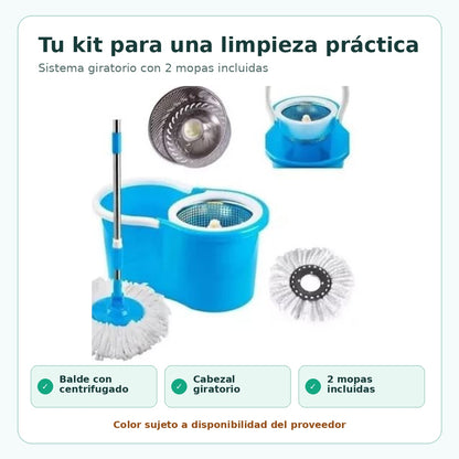 Kit de trapeador con balde giratorio y dos mopas; color sujeto a disponibilidad