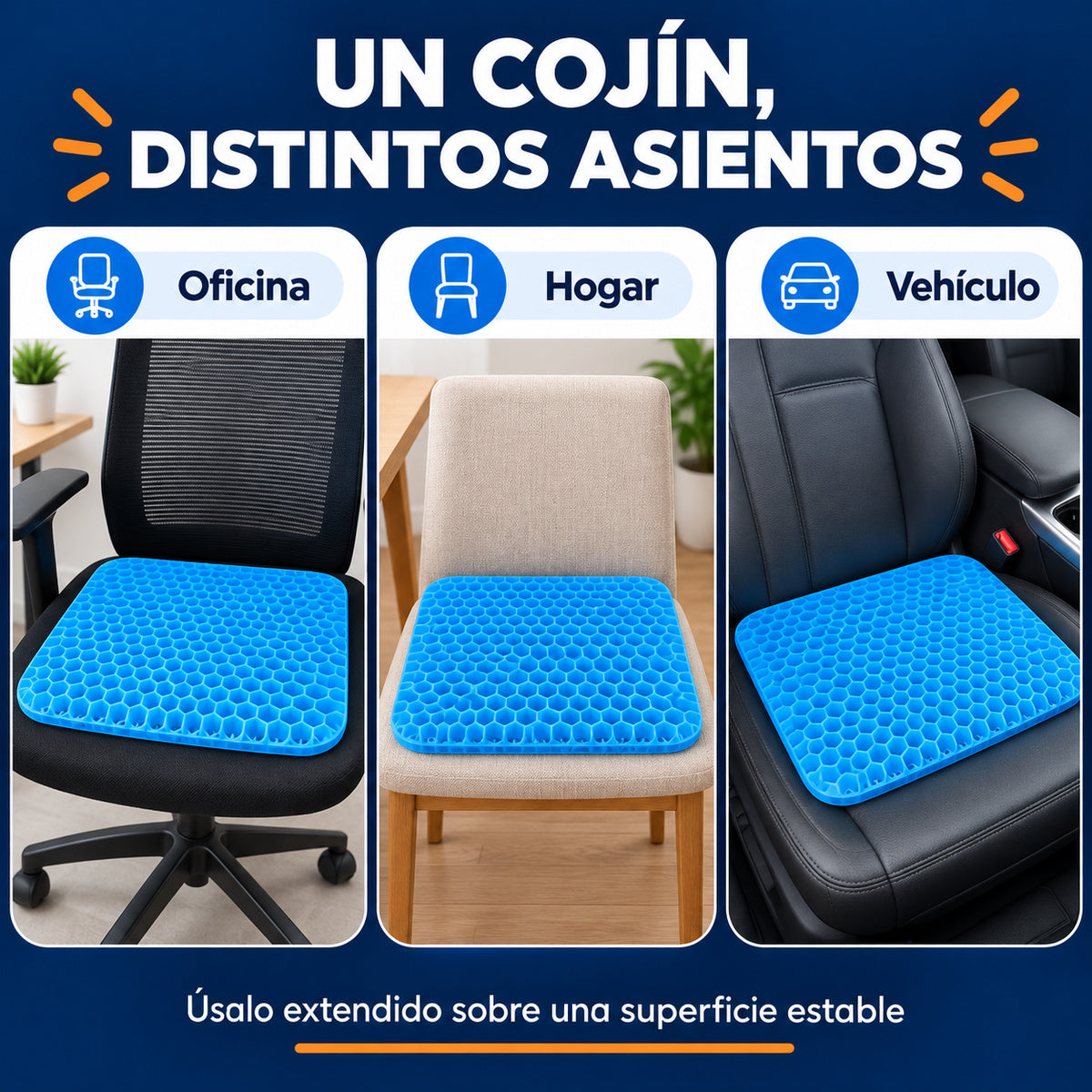 Cojín rectangular de gel en silla de oficina, silla del hogar y asiento de vehículo