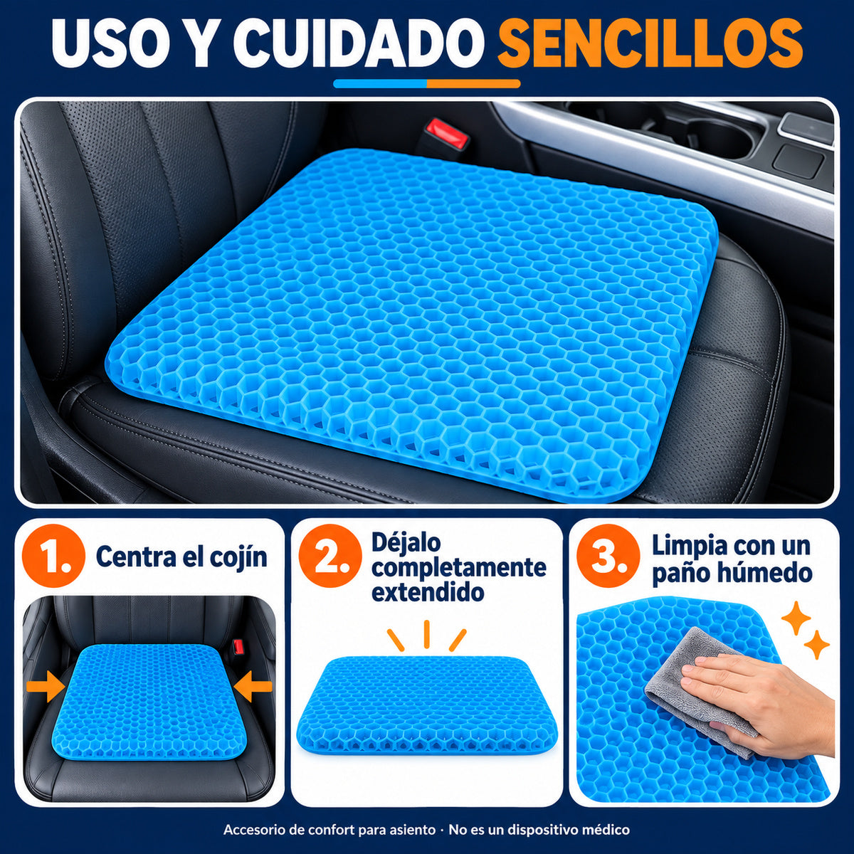 Guía de uso y cuidado del cojín rectangular de gel