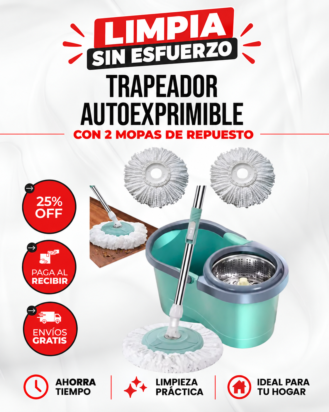 Trapeador autoexprimible con 2 mopas HogarMax™ | Trapeador Giratorio Autoexprimible – ¡Limpieza sin esfuerzo!