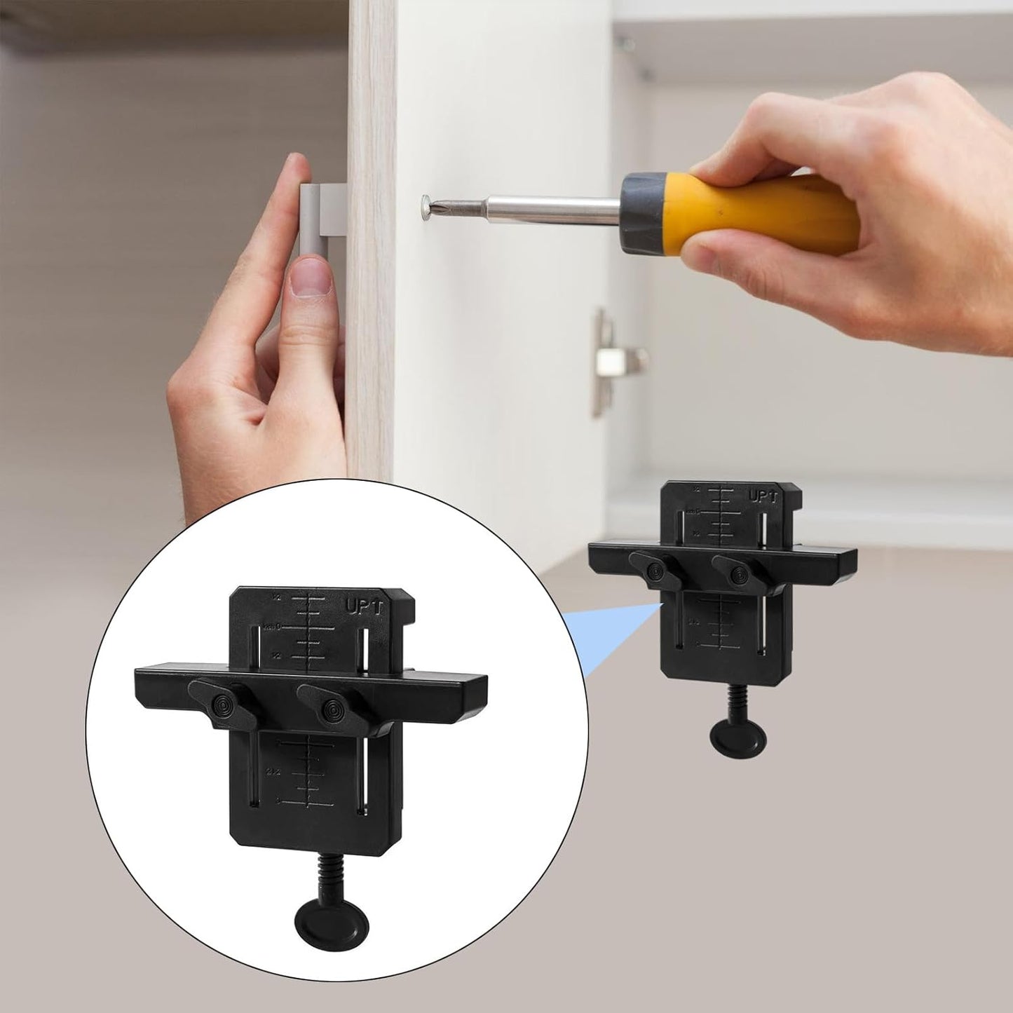 Soporte Ajustable para Puertas de Gabinete – Herramienta de Instalación