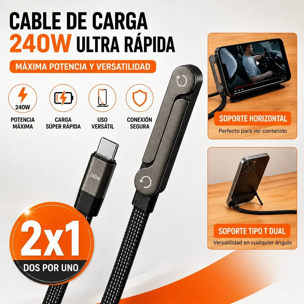 PROMO 2X1 | Cable Cargador rápido 240W con Soporte integrado 1.5 Metros | TIPO-C para Android y Iphone
