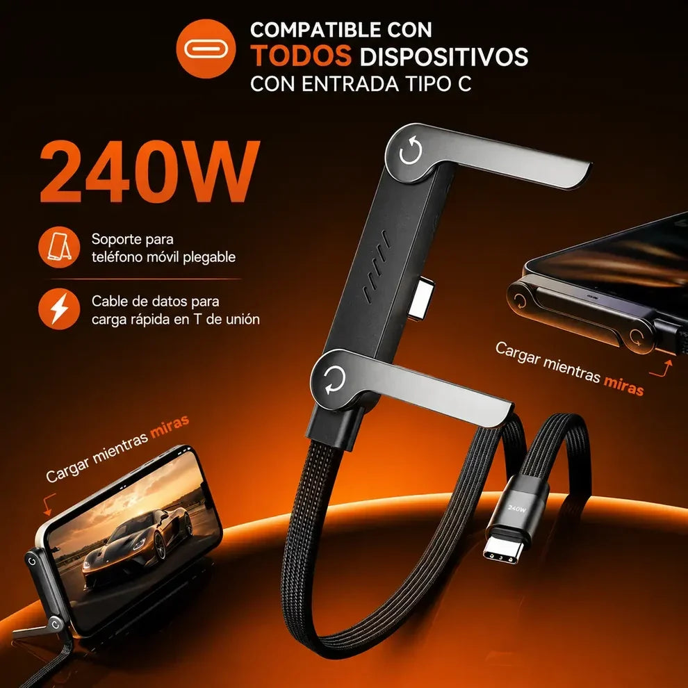 PROMO 2X1 | Cable Cargador rápido 240W con Soporte integrado 1.5 Metros | TIPO-C para Android y Iphone