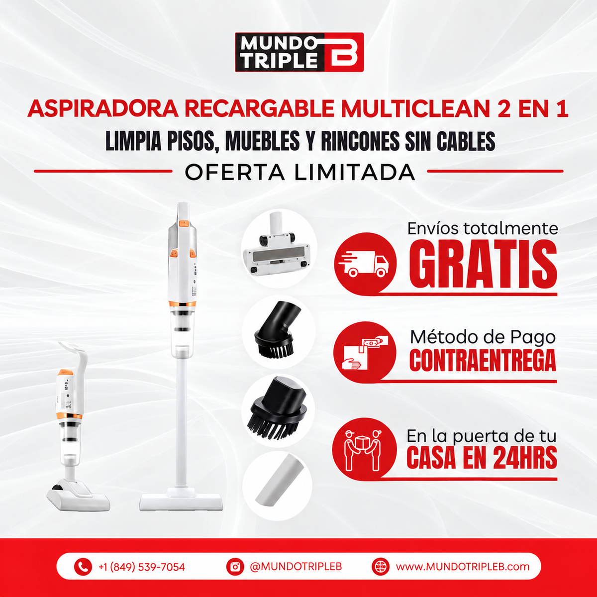 Aspiradora Recargable MultiClean 2 en 1 | Limpia pisos, muebles y rincones sin cables