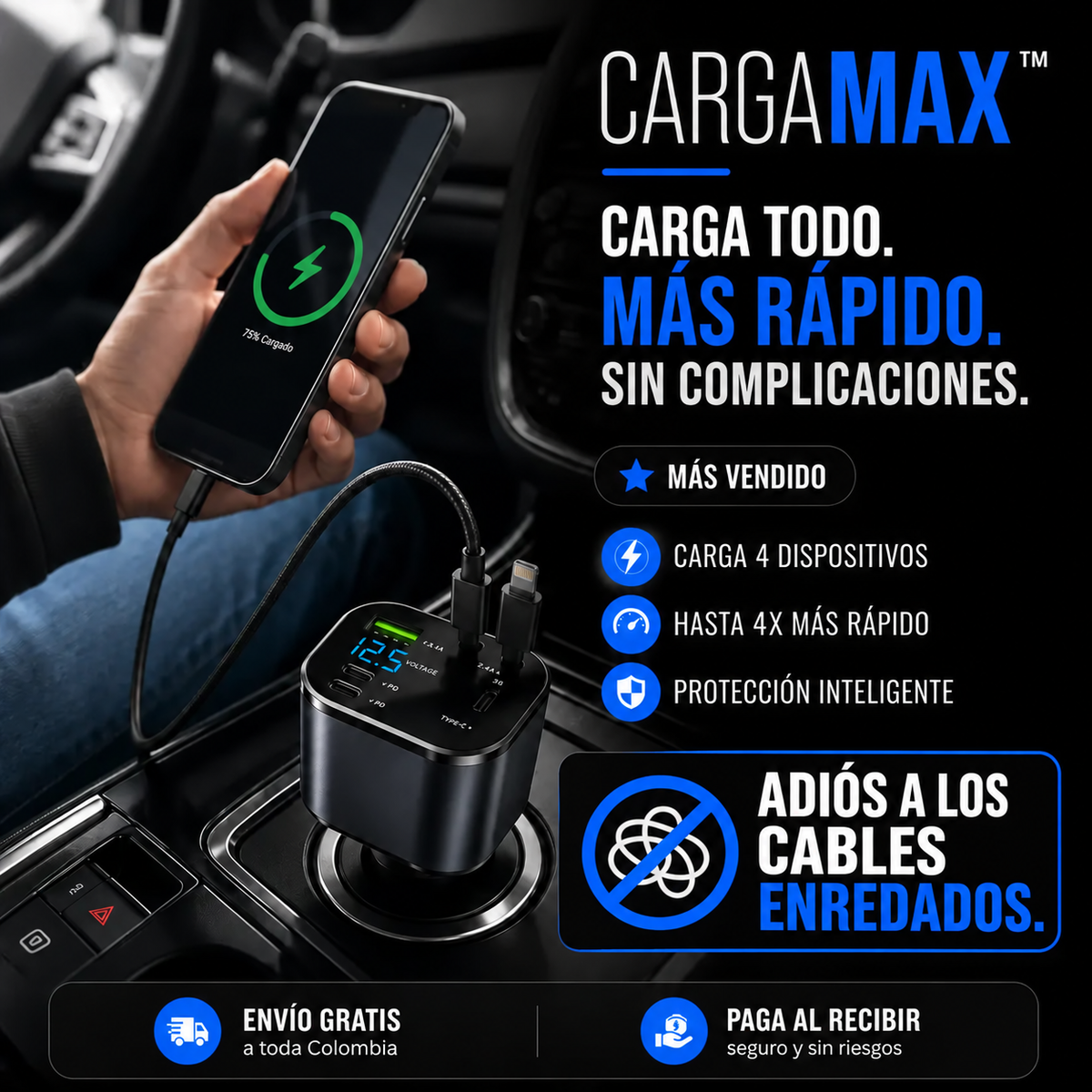 CargaMax™ | Deja de usar cables sueltos: cargador retráctil 4 en 1 para auto