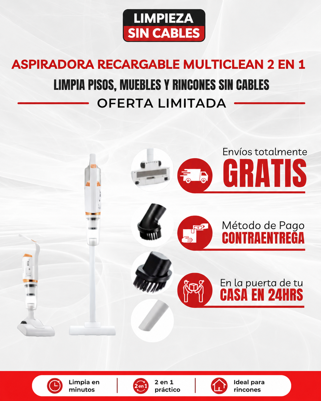 Aspiradora Recargable MultiClean 2 en 1 | Limpia pisos, muebles y rincones sin cables