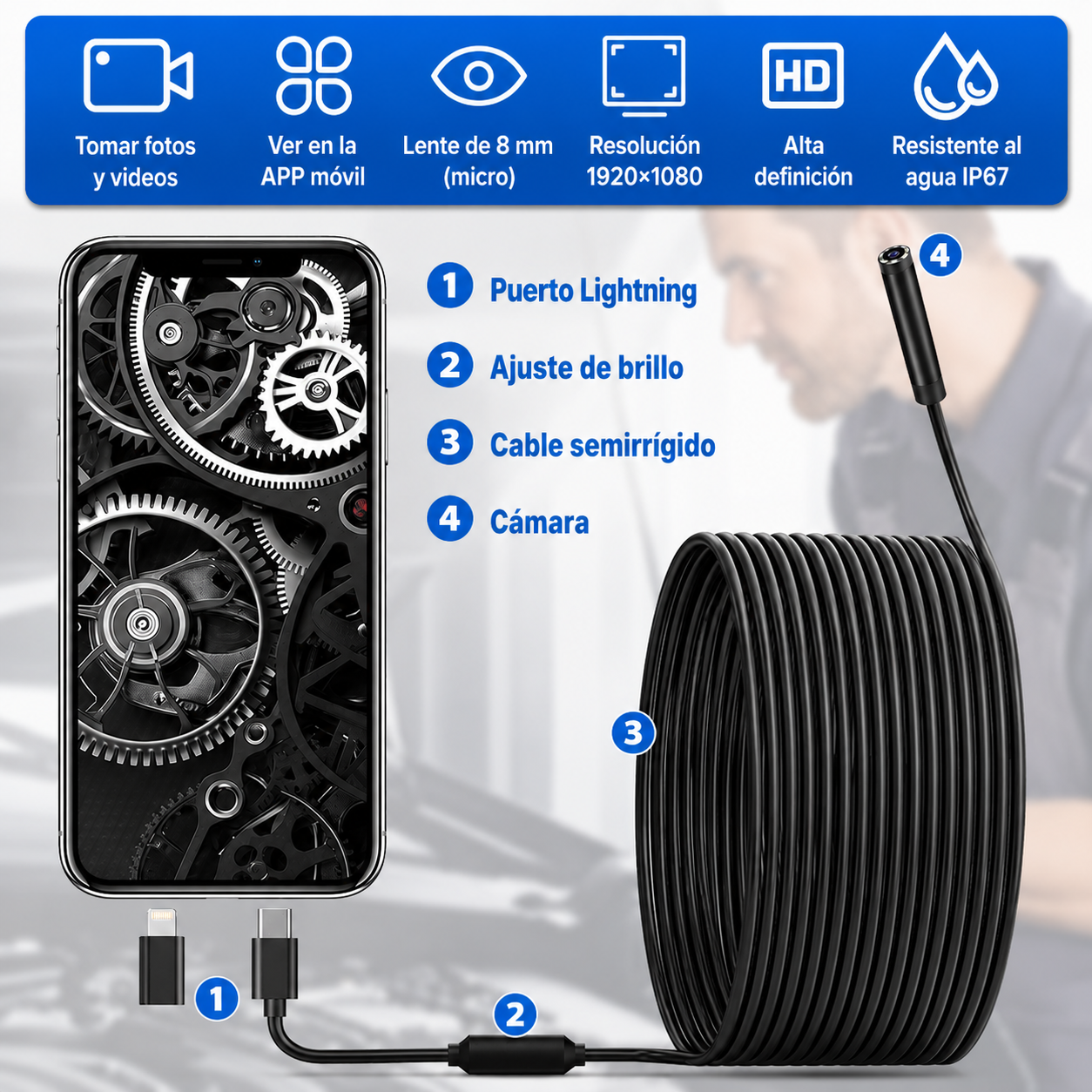 InspectCam™ - Cámara Endoscópica Micro Usb Tipo C (3mtr)
