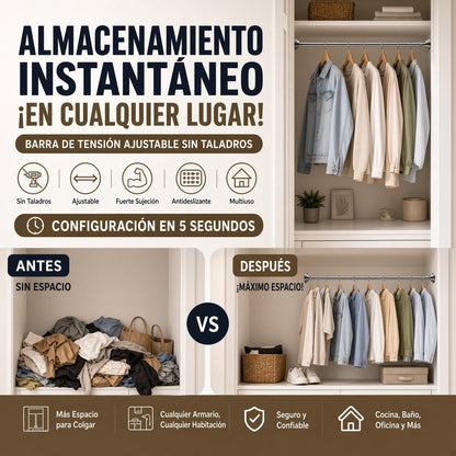 🛠️🚫 Barra de Tensión Ajustable – Instalación en Segundos Sin Taladrar, Almacenamiento Inteligente para el Hogar 🏠✨