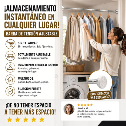 🛠️🚫 Barra de Tensión Ajustable – Instalación en Segundos Sin Taladrar, Almacenamiento Inteligente para el Hogar 🏠✨