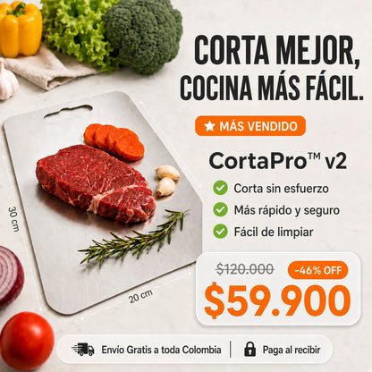 CortaPro™ v2 | Tabla de Cortar de Acero Inoxidable, Higiénica y Fácil de Limpiar | 30X20CM