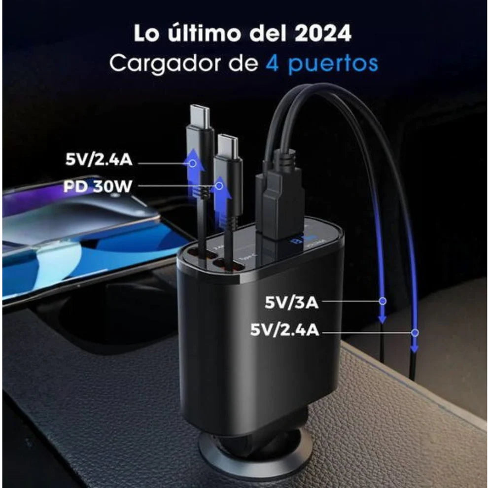 ChargeGo® - Cargador Retráctil Para Carro 4 en 1